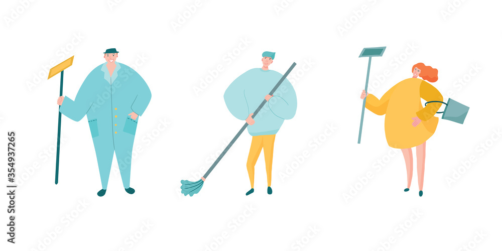 Cleaning company workers in uniform and overalls, with mop and broom. Cleaning company workers in uniform and overalls, with mop and broom.