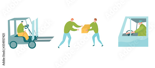 Delivery service workers. Forklift, messengers, driver in cabin