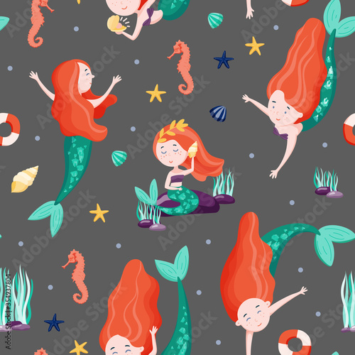 Cute mermaids seamless pattern. Good for fabric, apparel, home decor