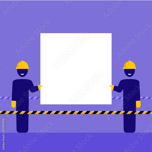 Two builders in hard hat (helmet) and gloves shows poster with empty blank area for message - vector illustration flat cartoon template for building company or developer