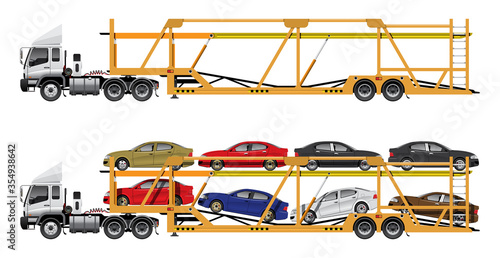 VECTOR EPS10 - car transport trailer truck with 8 x car load, automobile delivery truck from factory to showroom, isolated on white background.