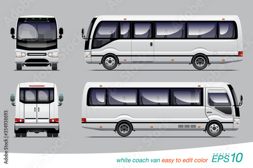 VECTOR EPS 10 - white coach van side view, rear and back, template design for right steering wheel car.
isolated on grey background, easy to edit color in layer name "body color".