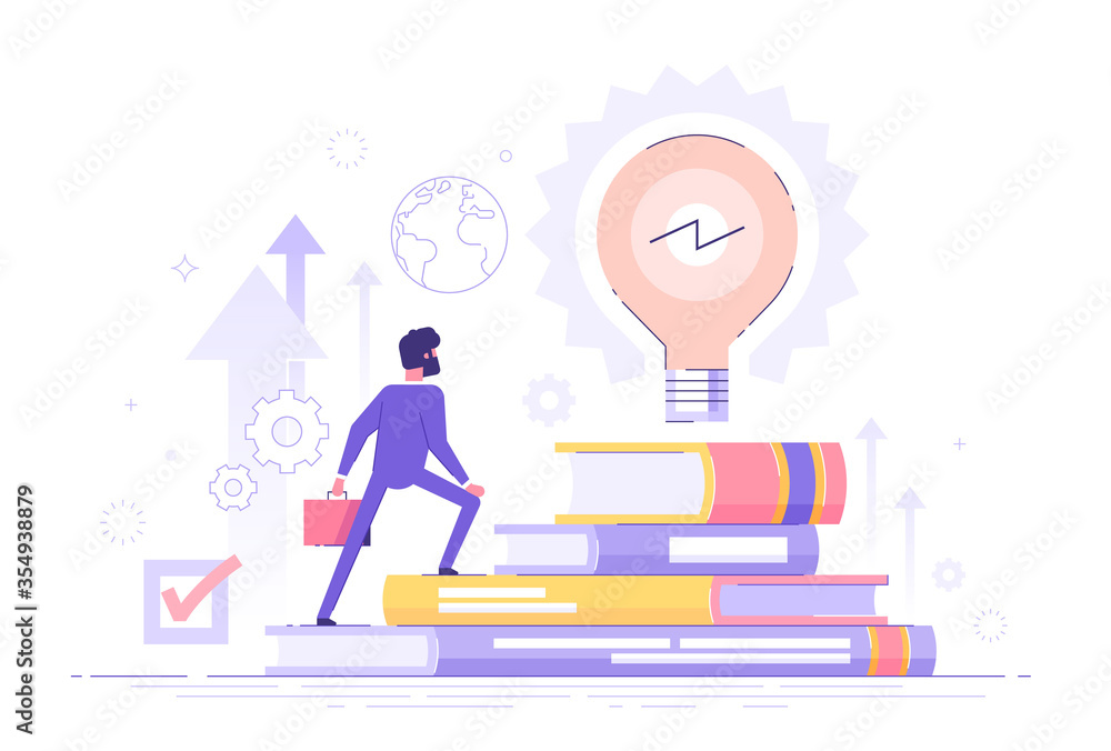 Businessman climbs on a stack of books to knowledge. Education and professional career concept. MBA. Modern vector illustration.