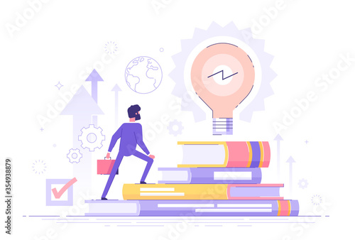 Businessman climbs on a stack of books to knowledge. Education and professional career concept. MBA. Modern vector illustration.