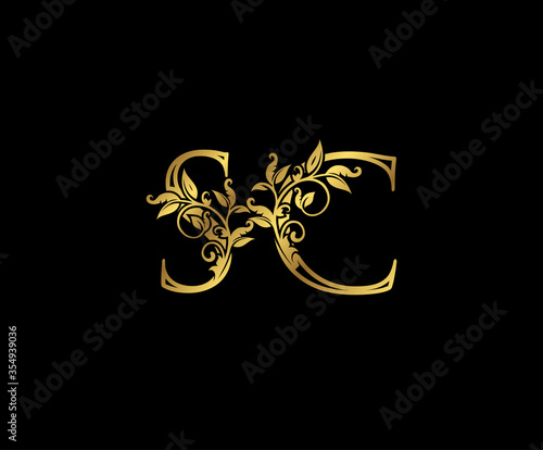 Luxury Gold letter S, C and SC Vintage decorative ornament letter stamp, wedding logo, classy letter logo icon.
