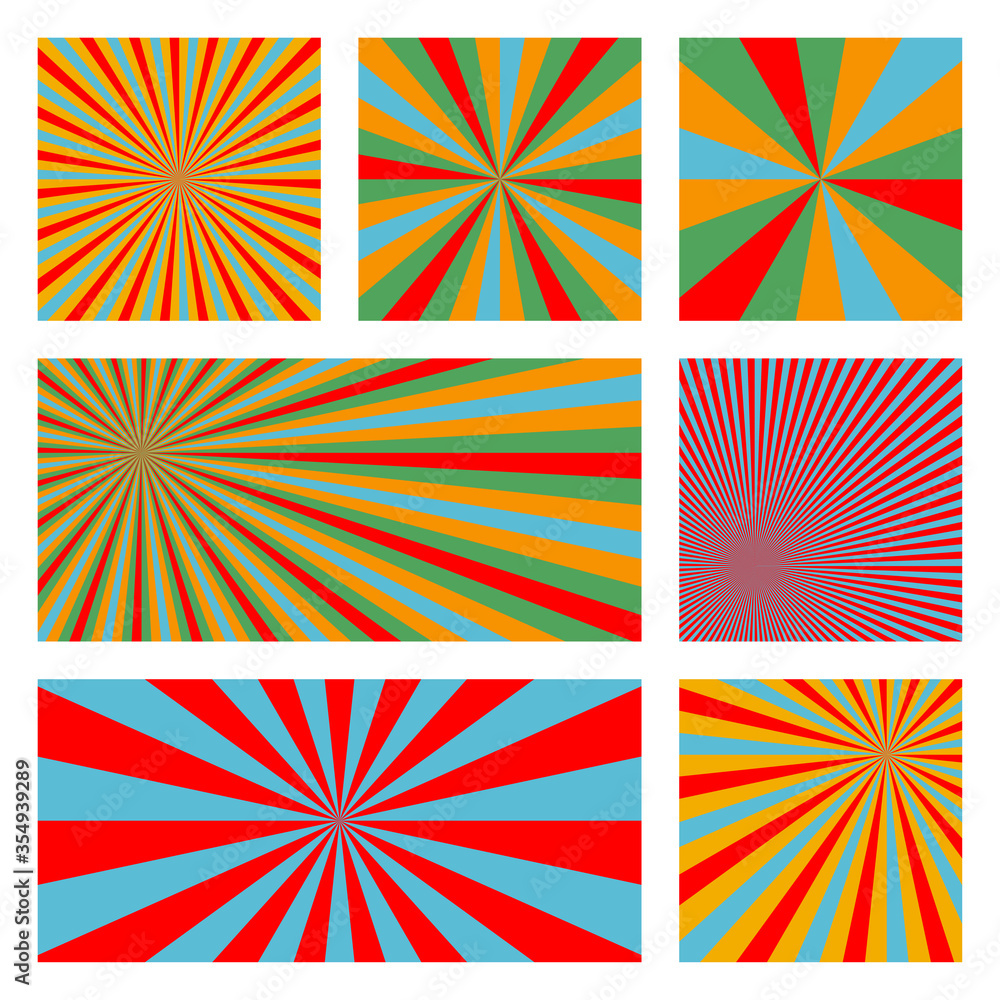 Astonishing sunburst background collection. Abstract covers with radial rays. Classy vector illustration.