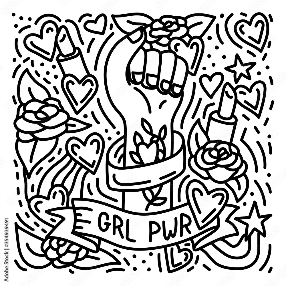Girl power hand drawn doodle feminist poster with woman's fist