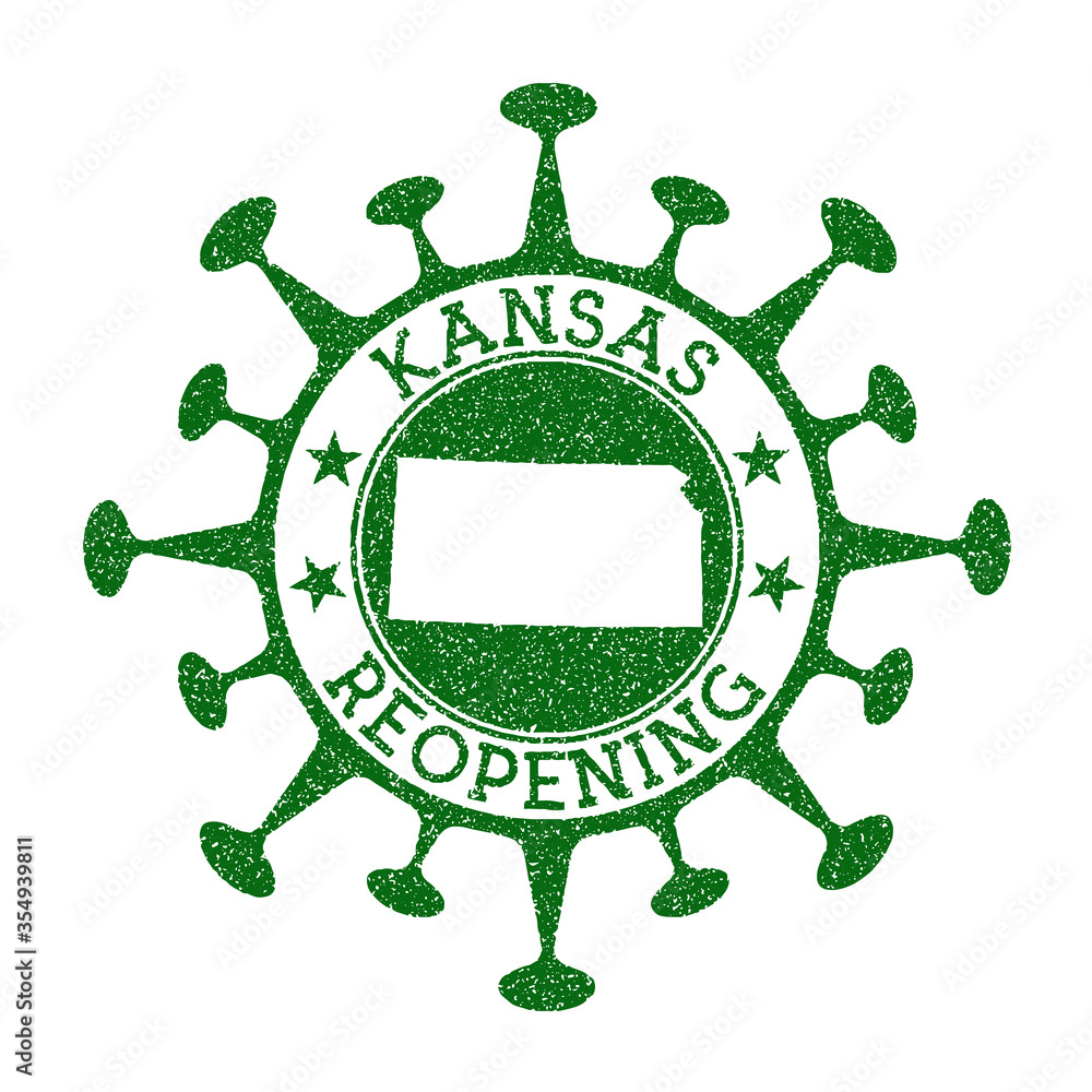 Kansas reopening stamp. Green round badge of US state with map of Kansas. US state opening after lockdown. Vector illustration. Kansas reopening stamp. Green round badge of US state with map of Kansas. US state opening after lockdown. Vector illustration.