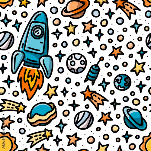 Childish seamless pattern with spaceship, planets and stars © Olga