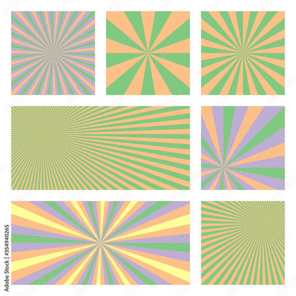 Appealing sunburst background collection. Abstract covers with radial rays. Modern vector illustration.