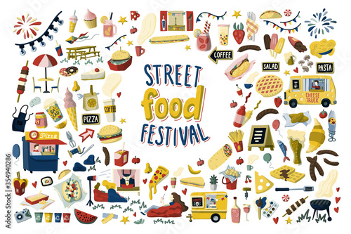 Street food festival hand drawn cartoon elements set