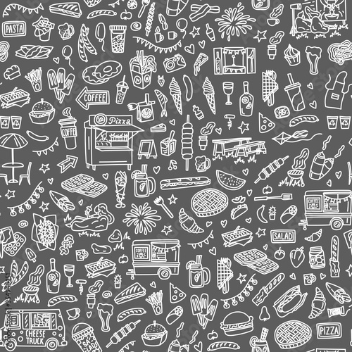Street food festival hand drawn doodles seamless pattern. Monochrome background