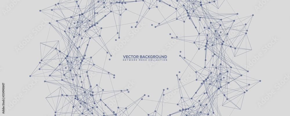 Blue Abstract Network Mesh with Your Text. Geometric connected line and dots. Wide Technology Grey Vector Background