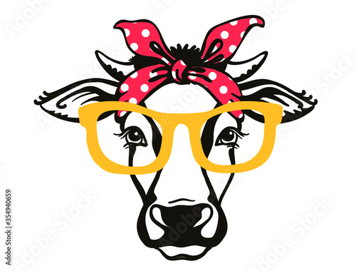 Cow head with red bandana and sunglasses. Vector black graphic illustration isolated on white. Farm animal. Cow portrait printable file