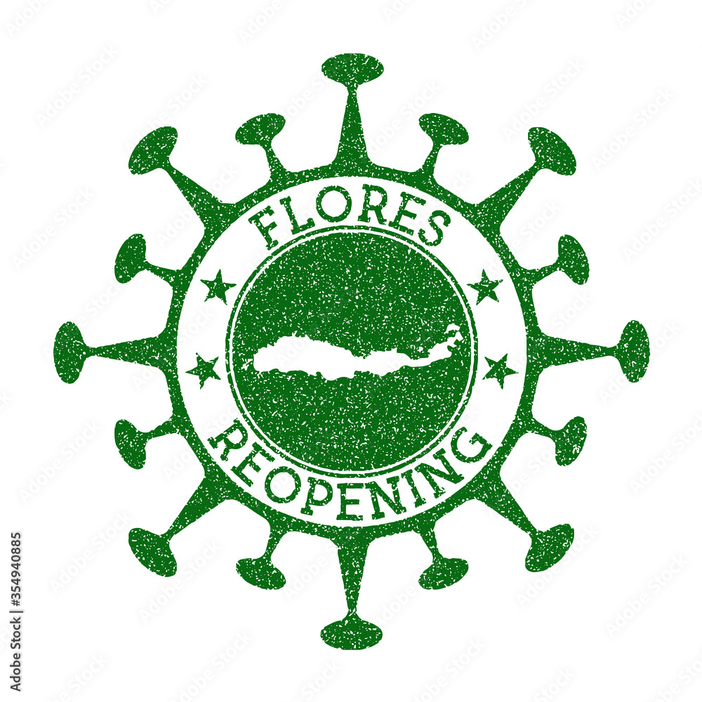 Flores Reopening Stamp. Green round badge of island with map of Flores. Island opening after lockdown. Vector illustration.