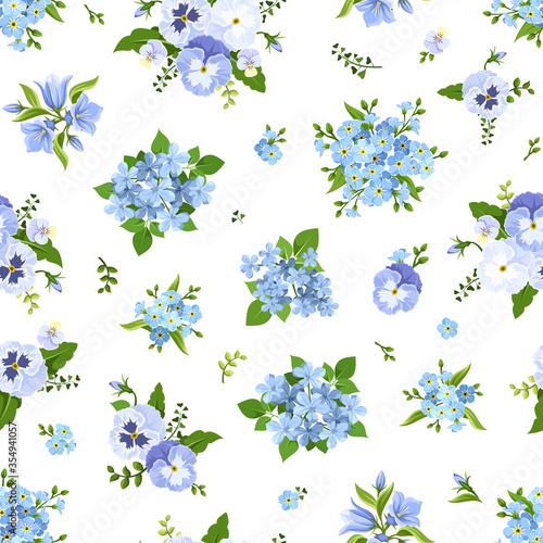 Vector seamless pattern with blue pansies, bluebells, plumbago and forget-me-not flowers.