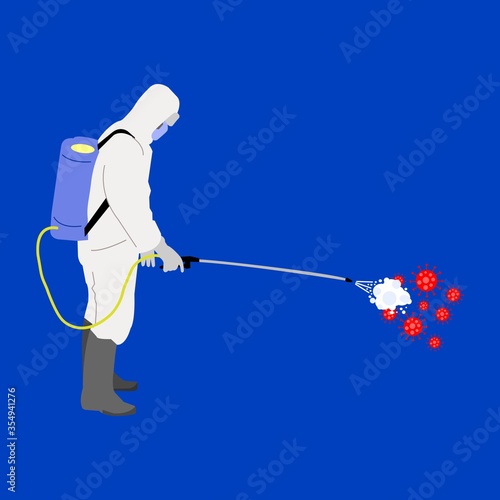 Person in protective clothing spray disinfectants to clean and eradicate viruses, Covid-19, bacteria. Preventive measure.