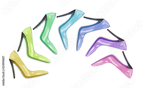 Women's shoes of pastel multi-colored colors located in a semi-circle. Shoe sale. Rainbow colored. light yellow, green, blue, pink, lilac, beige, mint . Vector 3d illustration isolated on white.