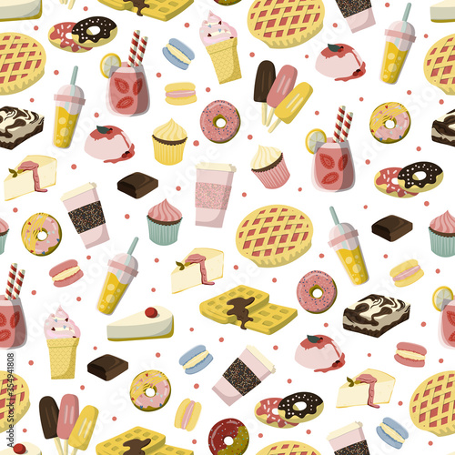 Sweet desserts seamless cartoon style pattern with apple pie, strawbery drink, ice-cream, donuts etc.