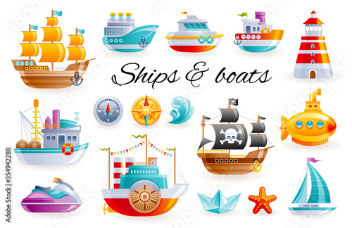 Ship boat set, vector cartoon illustration. Sea toy transport collection. 3d sail yacht, ocean cruise ship, sailboat, submarine, fishing trawler. Cute water kid icons isolated on white background