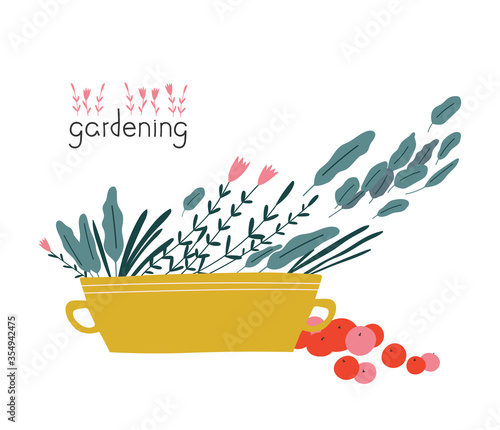 Vector illustration of wind in the garden with a basin, flowers, and apples.