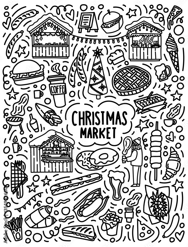 Christmas market doodles concept. Hand drawn street food marker design