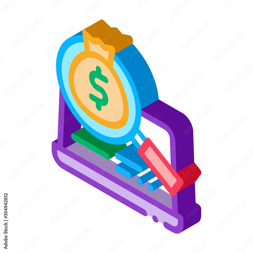 detection of money in computer icon vector. isometric detection of money in computer sign. color isolated symbol illustration