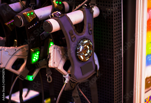 laser tag gun and armor. A variety of weapons for playing laser tag. close up on military equipment on laser tag game