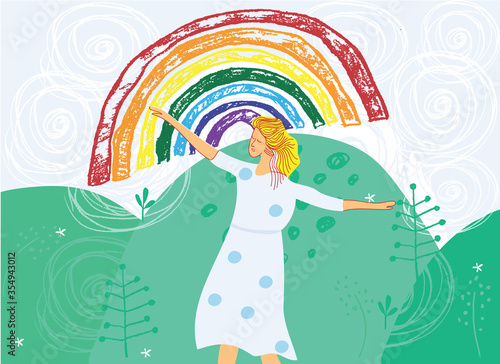 The Rainbow as a Symbol of Hope. Summer scene, fairytale, cute young woman, adorable girl stand against nature, hills, rainbow. Colorful flat vector illustration in a cartoon style