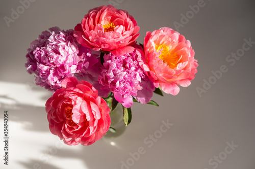 Fototapeta Naklejka Na Ścianę i Meble -  Beautiful bouquet of peonies in a vase on a gray background