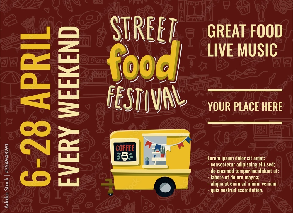 Vettoriale Stock Street food truck festival. Template for flyer, poster or  brochure. Hand drawn doodles background | Adobe Stock