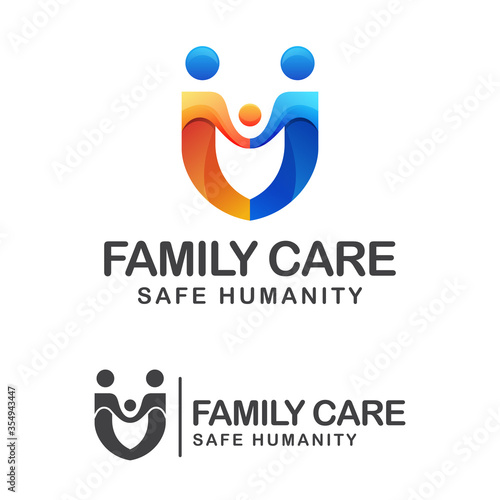 Family Care and safe humanity gradient logo, people family with shield logo concept