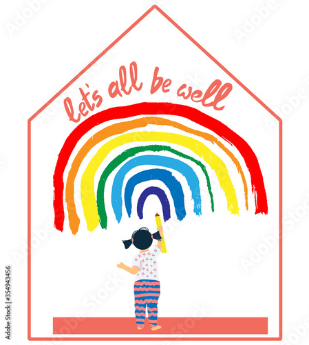 let's all be well. Adorable little toddler girl stay at home and painting and drawings a rainbow on the window.  The Rainbow as a symbol of hope. Flat vector illustration in cartoon style