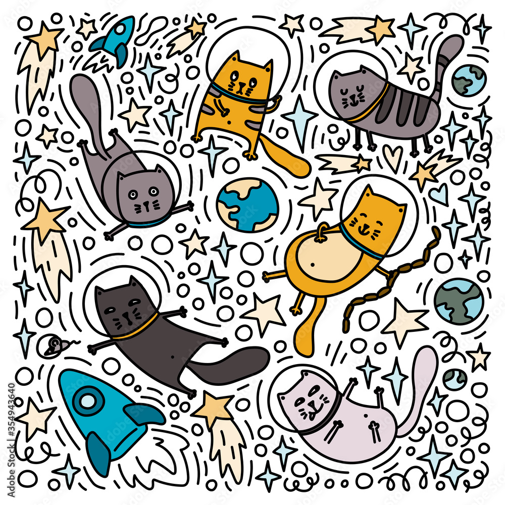 Naklejka premium Cats in space doodle hand drawn concept illustration