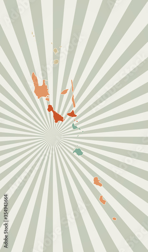 Vanuatu map. Poster with map of the country in retro color palette. Shape of Vanuatu with sunburst rays background. Vector illustration.
