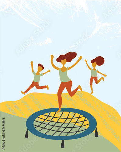 Happy family  bouncing on the trampoline. Mother with two children  having fun jumping on the trampoline. Country life activity and fresh air walk. Flat vector illustration