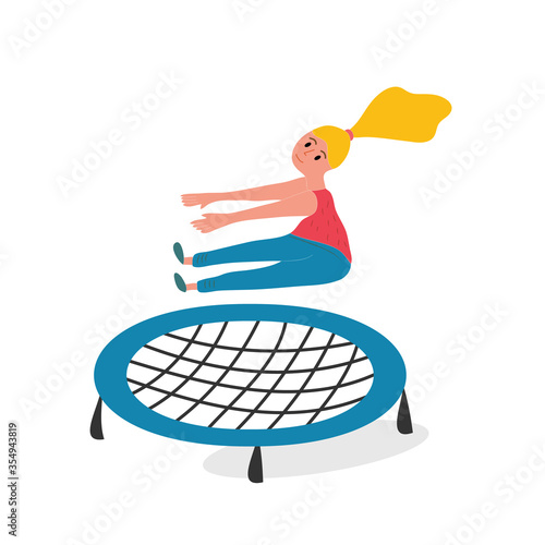 Happy girl jumping on trampoline. Young woman having fun jump and bouncing, spare time, training and activity. Cartoon flat vector illustration