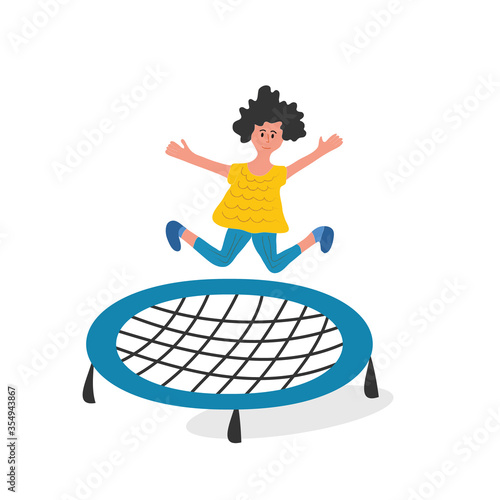 Happy girl jumping on trampoline. Young woman having fun jump and bouncing, spare time, training and activity. Cartoon flat vector illustration on white background
