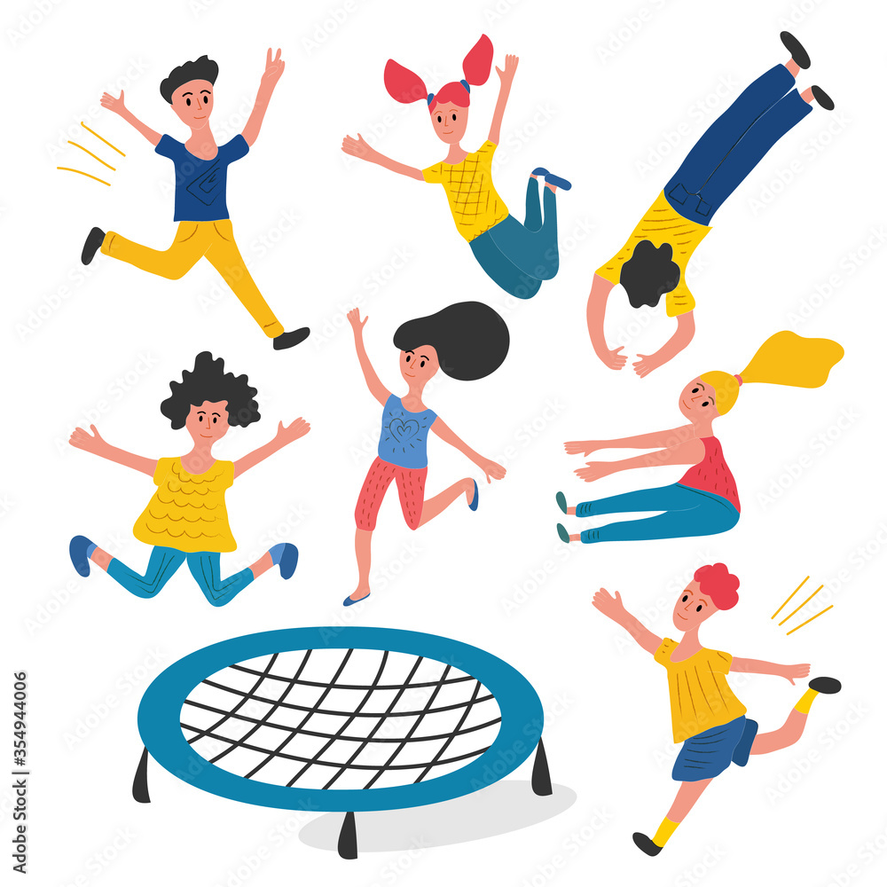 A group of active friends jumping and bouncing on a trampoline. People jump vector illustration. Cheerful boys and girls isolated. Jumping fun friends background. 
