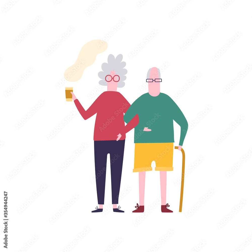 Old couple walking with coffee. Flat cartoon illustration. Old couple walking with coffee. Flat cartoon illustration.