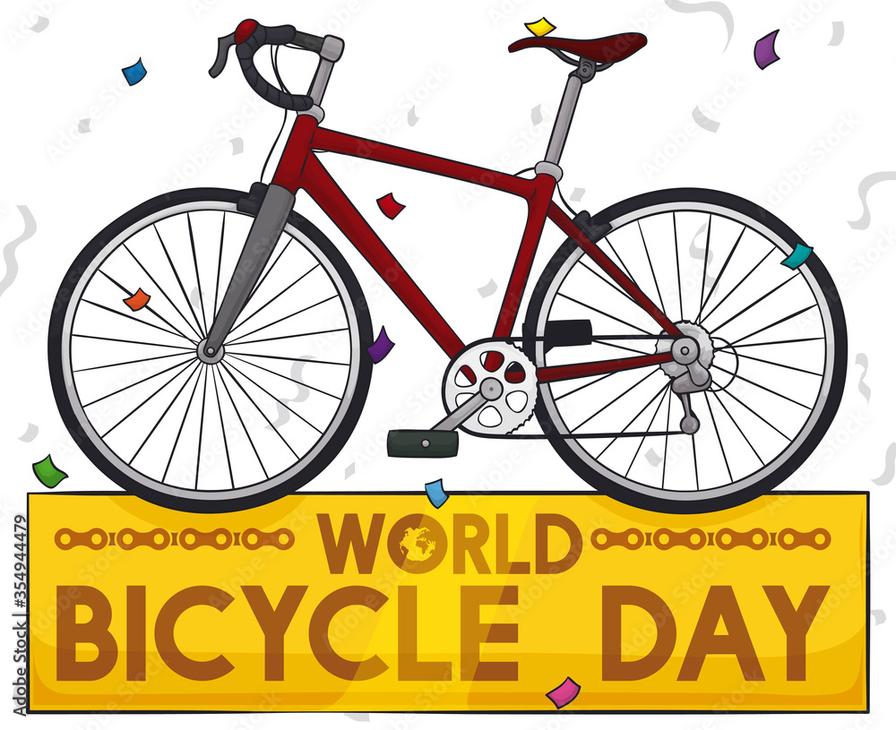 Bike over Golden Sign and Confetti Celebrating World Bicycle Day, Vector Illustration Bike over Golden Sign and Confetti Celebrating World Bicycle Day, Vector Illustration