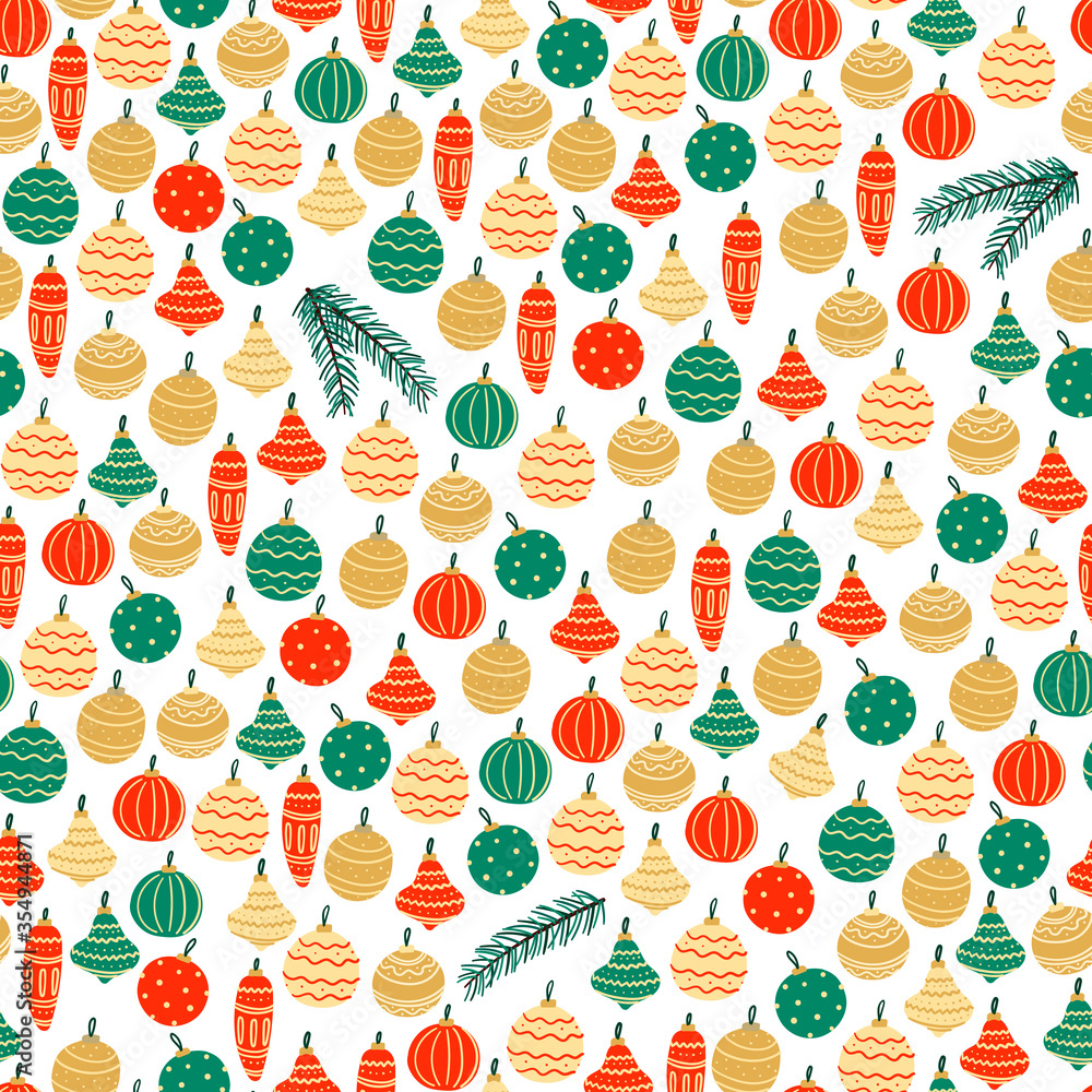 Christmas balls seamless pattern. Hand drawn New year and winter holidays background Christmas balls seamless pattern. Hand drawn New year and winter holidays background