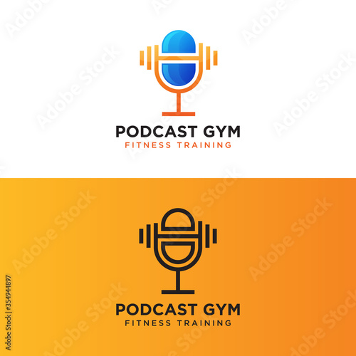 podcast GYM fitness training logo design, Mic with barbell logo concept vector template