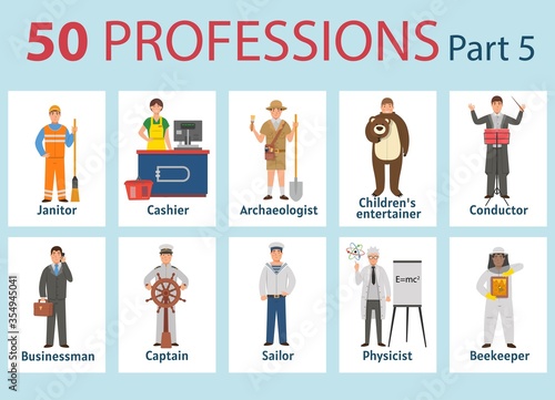 50 professions. Big set of professions in cartoon flat style for children. International Workers' Day, Labour Day