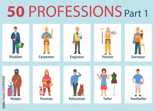 50 professions. Big set of professions in cartoon flat style for children. International Workers' Day, Labour Day