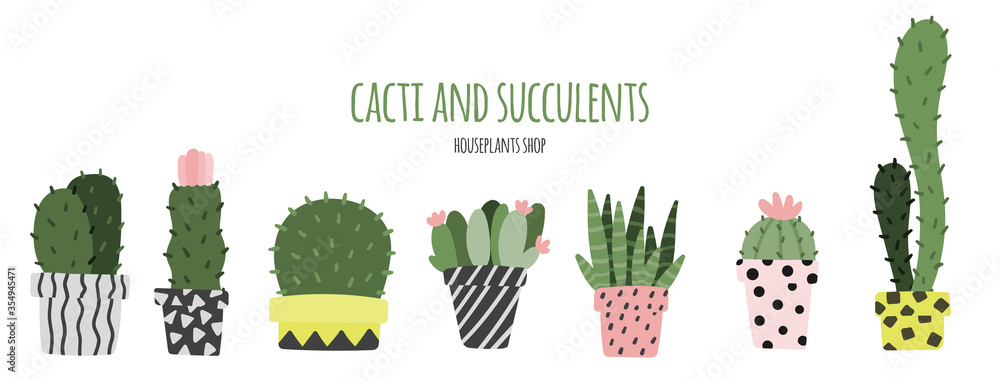 Set of cacti and succulents in hand drawn flat style. Cartoon plants. Social media template cover design Set of cacti and succulents in hand drawn flat style. Cartoon plants. Social media template cover design