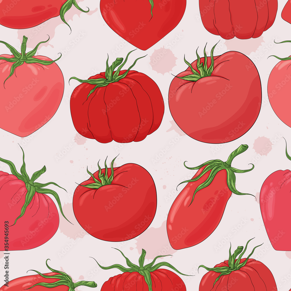 Tomatoes. Fresh tomato background. Tasty ripe vegetables texture. Pink, rose, red tomato. Hand drawn illustration.
Tomatoes. Fresh tomato background. Tasty ripe vegetables texture. Pink, rose, red tomato. Hand drawn illustration.