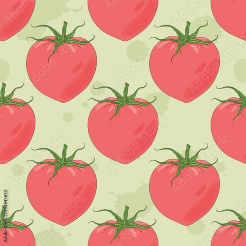 Rose tomato pattern. Juicy vegetables illustration. Eco vegetable, vegan food backdrop. Tomatoes on green background. 
