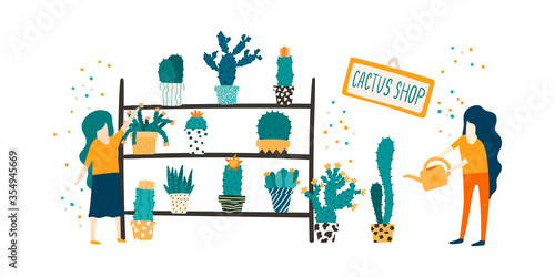 Women in the cactus and suuculent shop. Shopkeeper and buyer