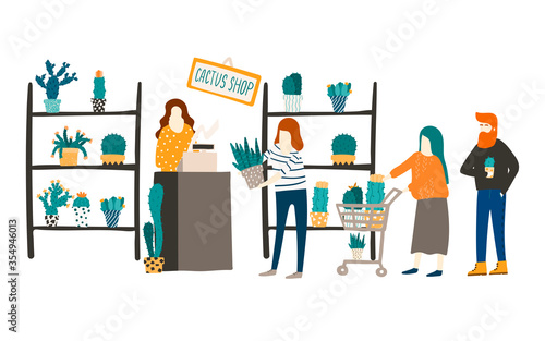 A woman sells cacti and succulents at a flower shop. Flat style illustration. Customer and a shop assistant concept. Flat style hand drawn illustration © Olga